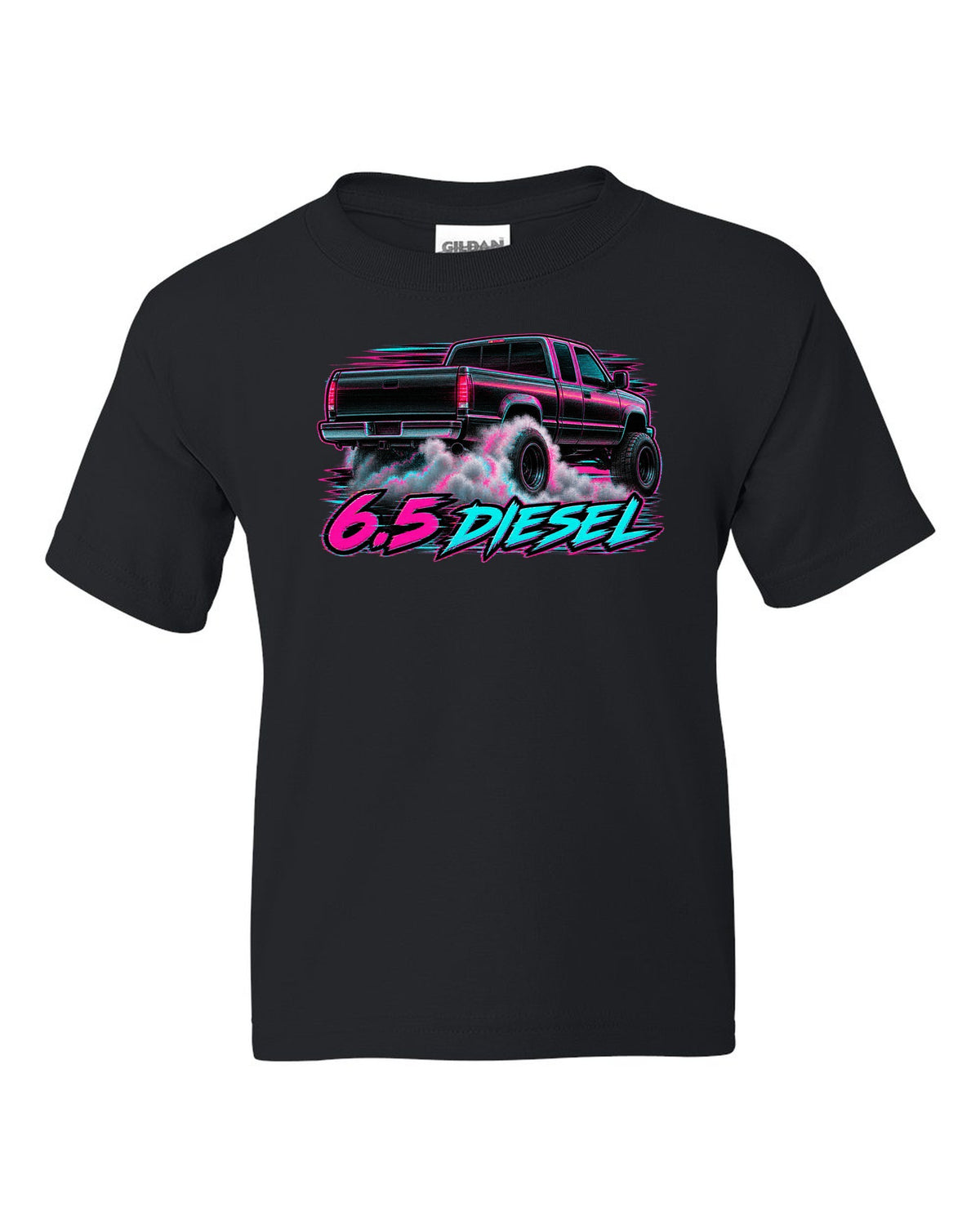 VHS glitch burnout print of a 1988-1998 Chevrolet GMT400 C2500 with 6.5 Diesel text black kids tee front view with the design