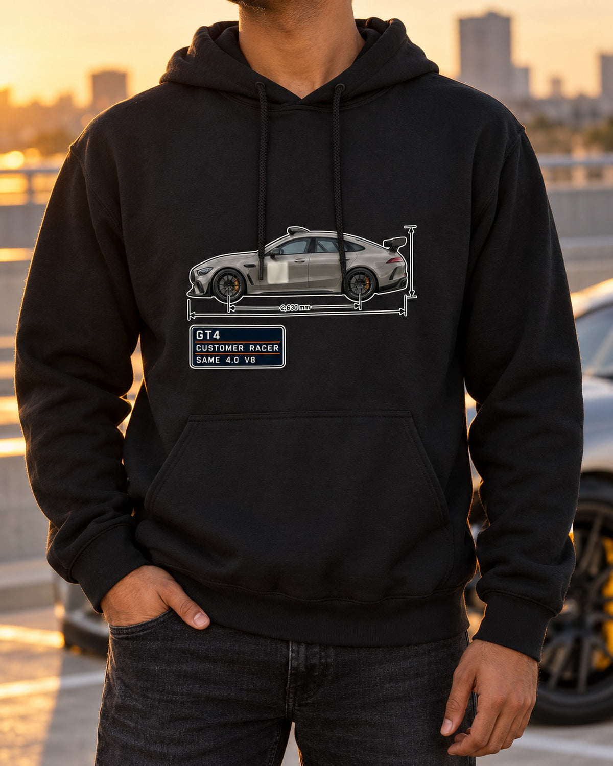 Mercedes-AMG GT4 Spec Poster Shirt, Customer Racer Car Tee Pull Over Hoodie Black worn hero