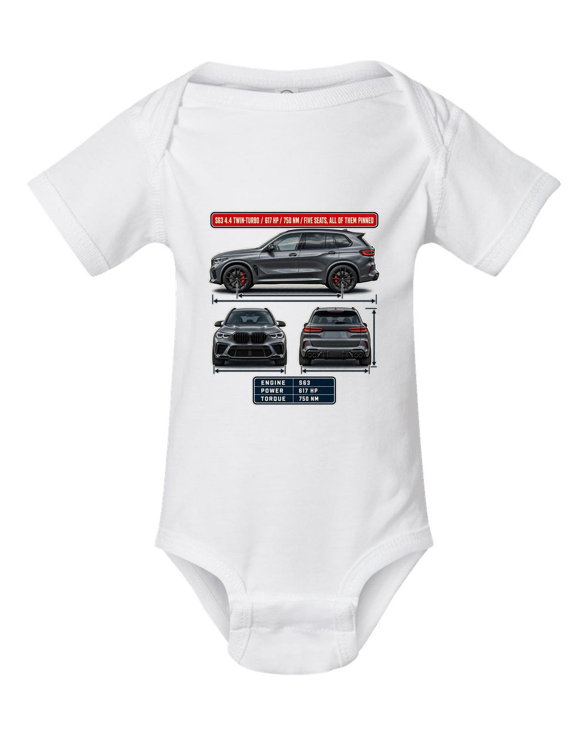 BMW X5 M Competition F95 three-view spec table print on a tee white baby onesie front view with the design