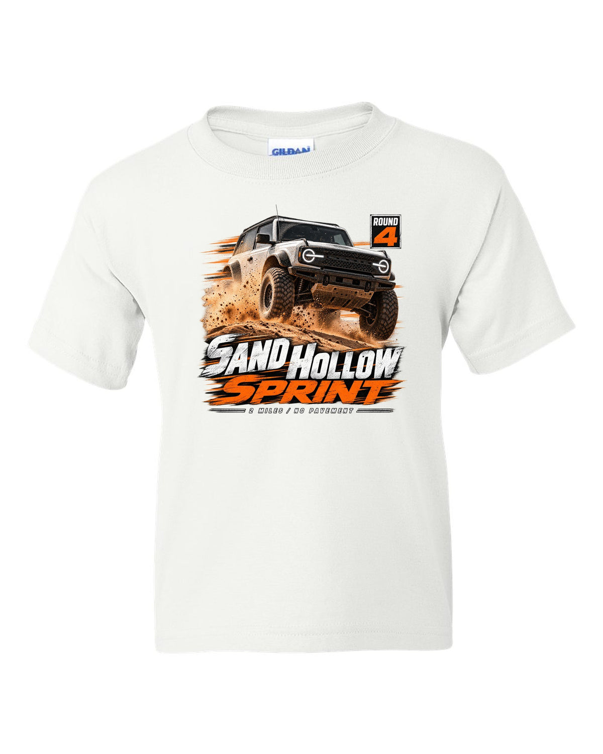Jeep Wrangler JL dune sprint race poster print with Sand Hollow text white kids tee front view with the design