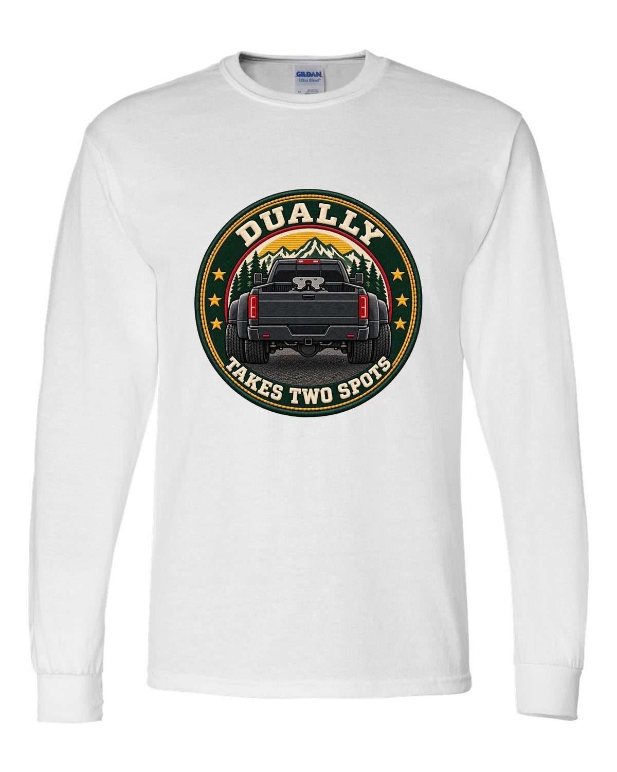 Varsity crest print for a 2019-2024 Ram HD 3500 dually with fifth wheel and takes two spots text white long sleeve front view with the design