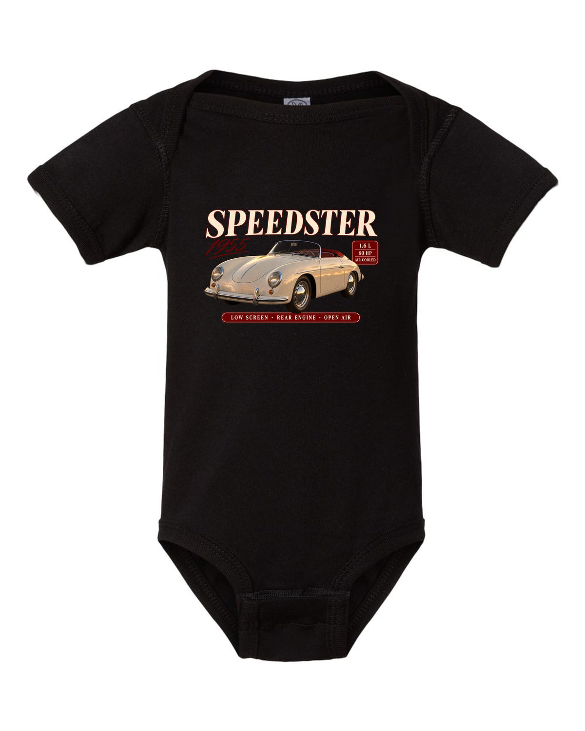 Archive spec panel print for the 1955 Porsche 356 Speedster with low screen and air-cooled specs black baby onesie front view with the design