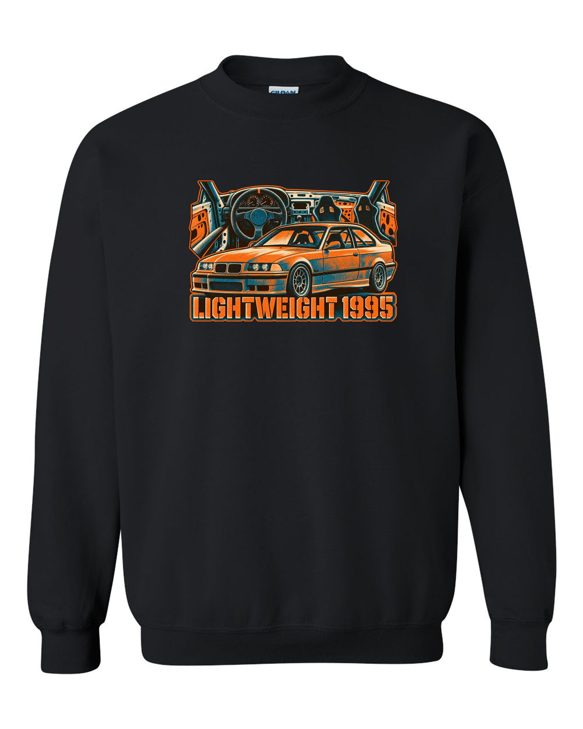 Watercolour wet-road night illustration of a BMW E36 M3 coupe in a garage with coolant flange fund text black crewneck front view with the design