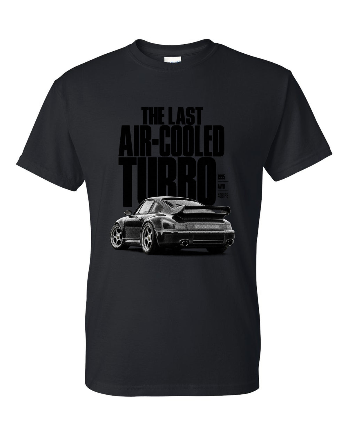 Halftone print of the Porsche 911 Turbo (993) with the line The Last Air-Cooled Turbo black t-shirt front view with the design