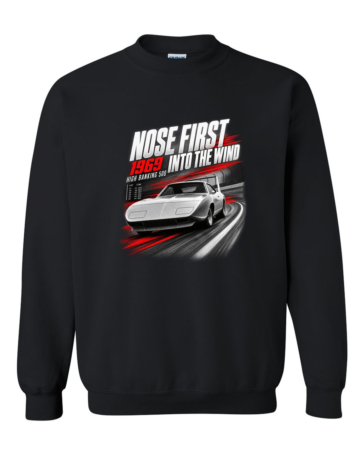 1969 Dodge Charger Daytona race poster print with nose first into the wind lettering black crewneck front view with the design