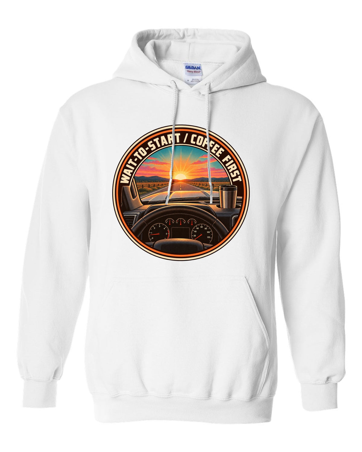 Retro sunset crest print for a 2010-2018 Ram 2500 6.7 Cummins with wait-to-start coffee first text white pull over hoodie front view with the design