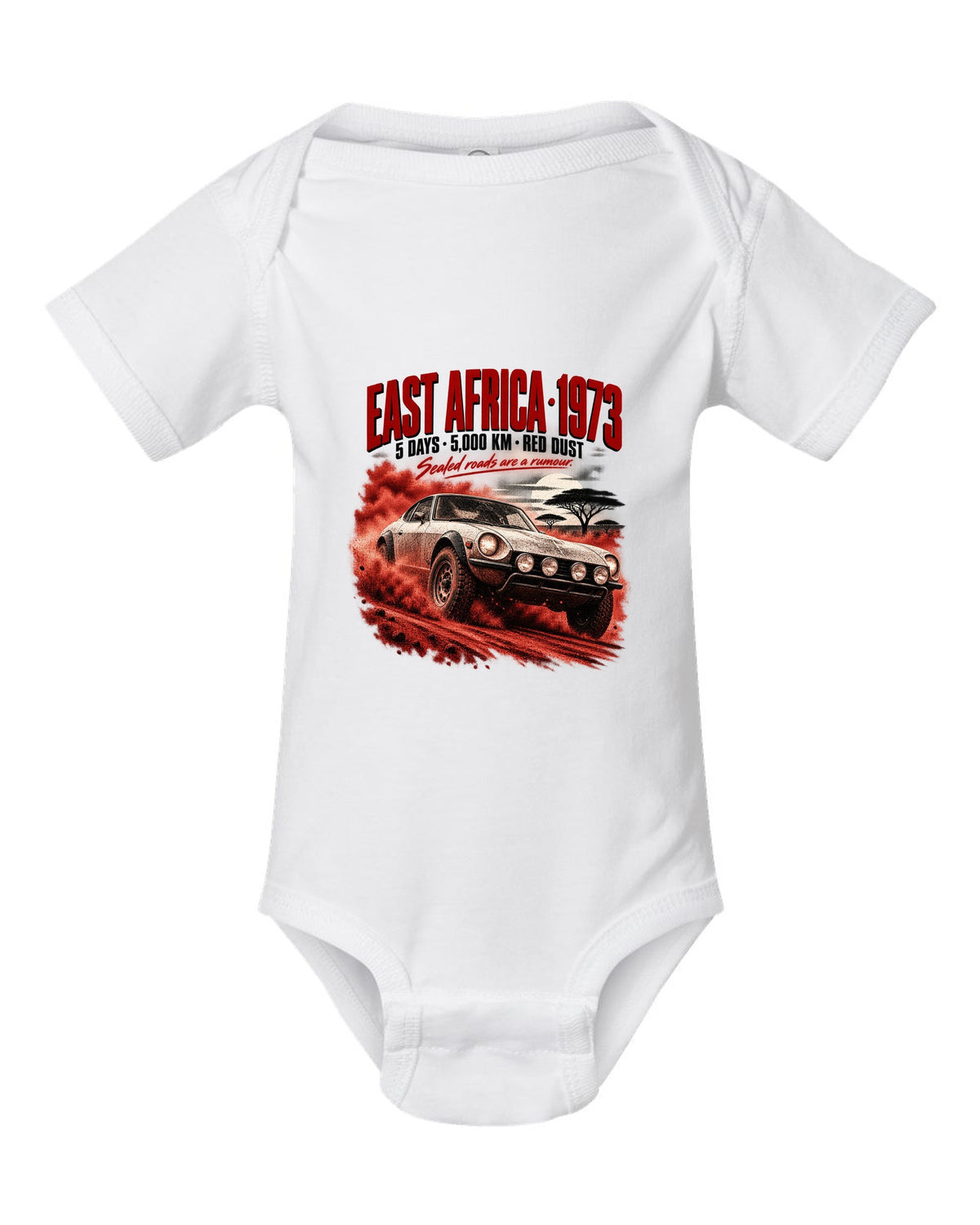 Rally poster print of a 1973 Datsun 240Z S30 rally car for East Africa white baby onesie front view with the design