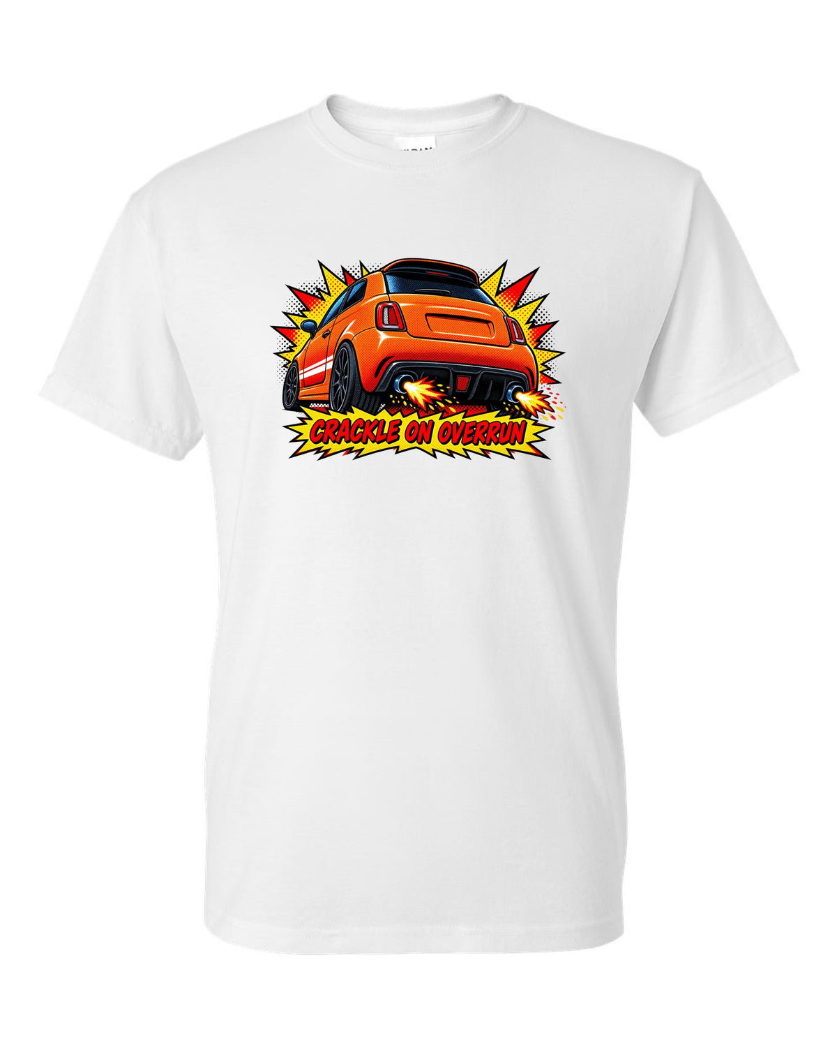 Comic halftone art of a Fiat 500 Abarth with crackle on overrun lettering white t-shirt front view with the design