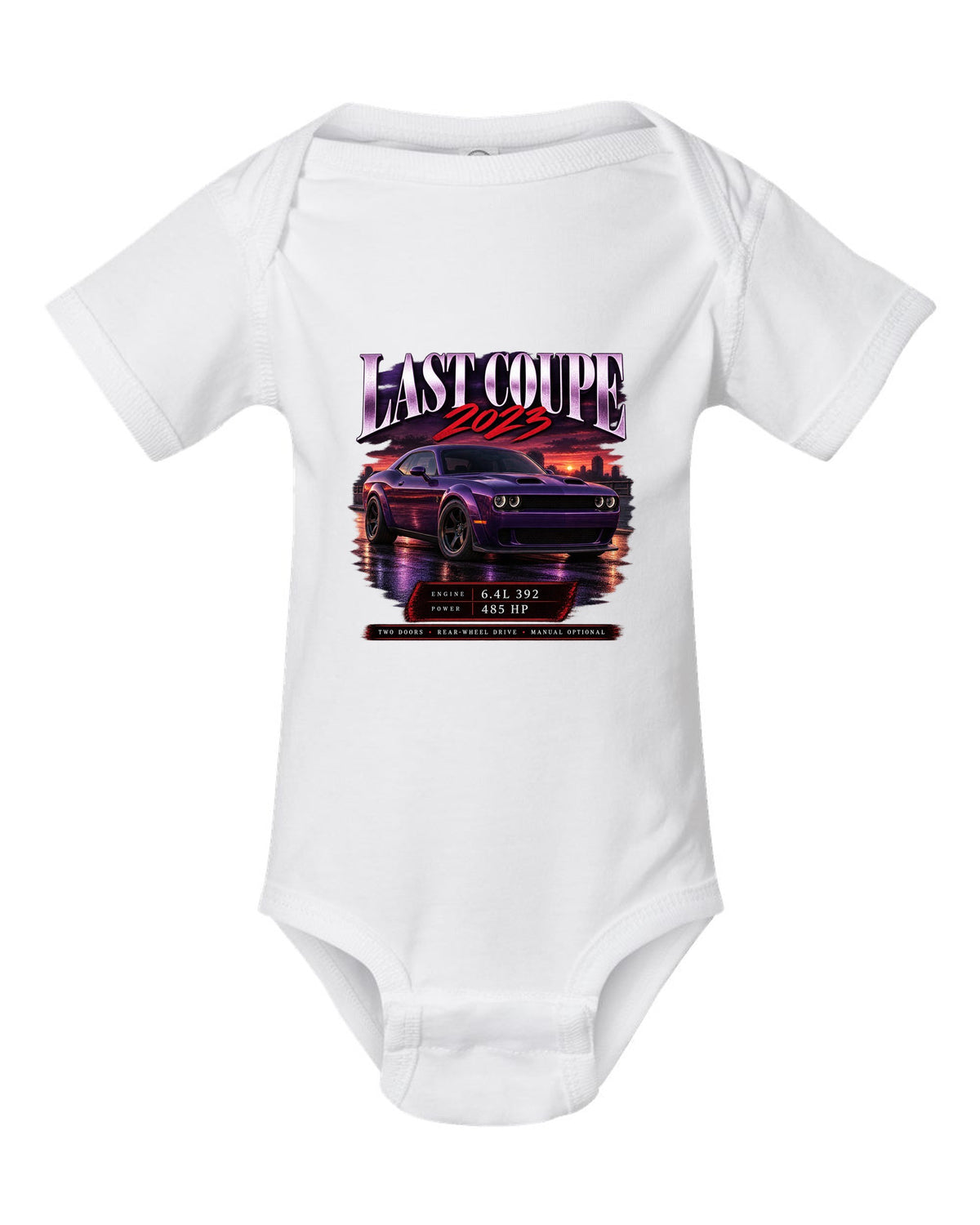 2023 Dodge Challenger Scat Pack Widebody archive panel print with last coupe lettering white baby onesie front view with the design