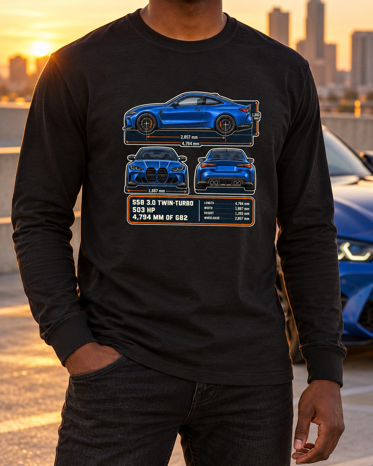 BMW M4 Competition G82 Dimension Blueprint Shirt, S58 Gift Long Sleeve Black worn hero