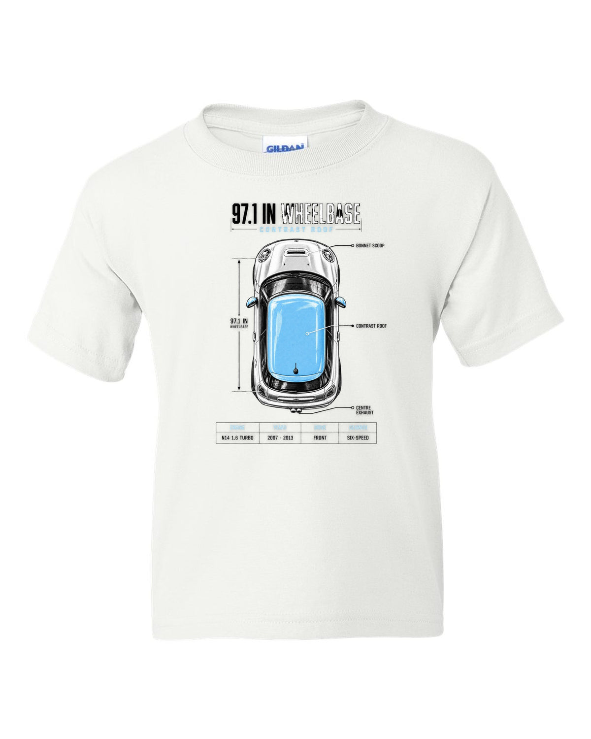 Top-down plan view of a Mini Cooper S R56 on a spec poster print with wheelbase text white kids tee front view with the design