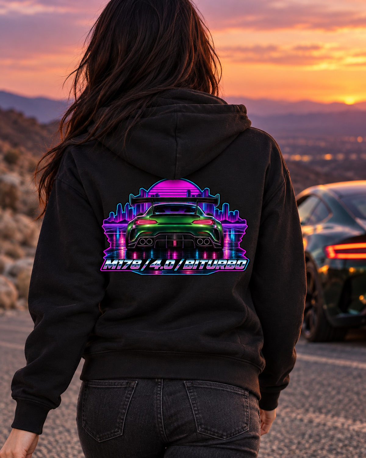 Mercedes AMG GT C190 Engine Bay Cyanotype Blueprint Shirt Zip Hoodie Black worn hero