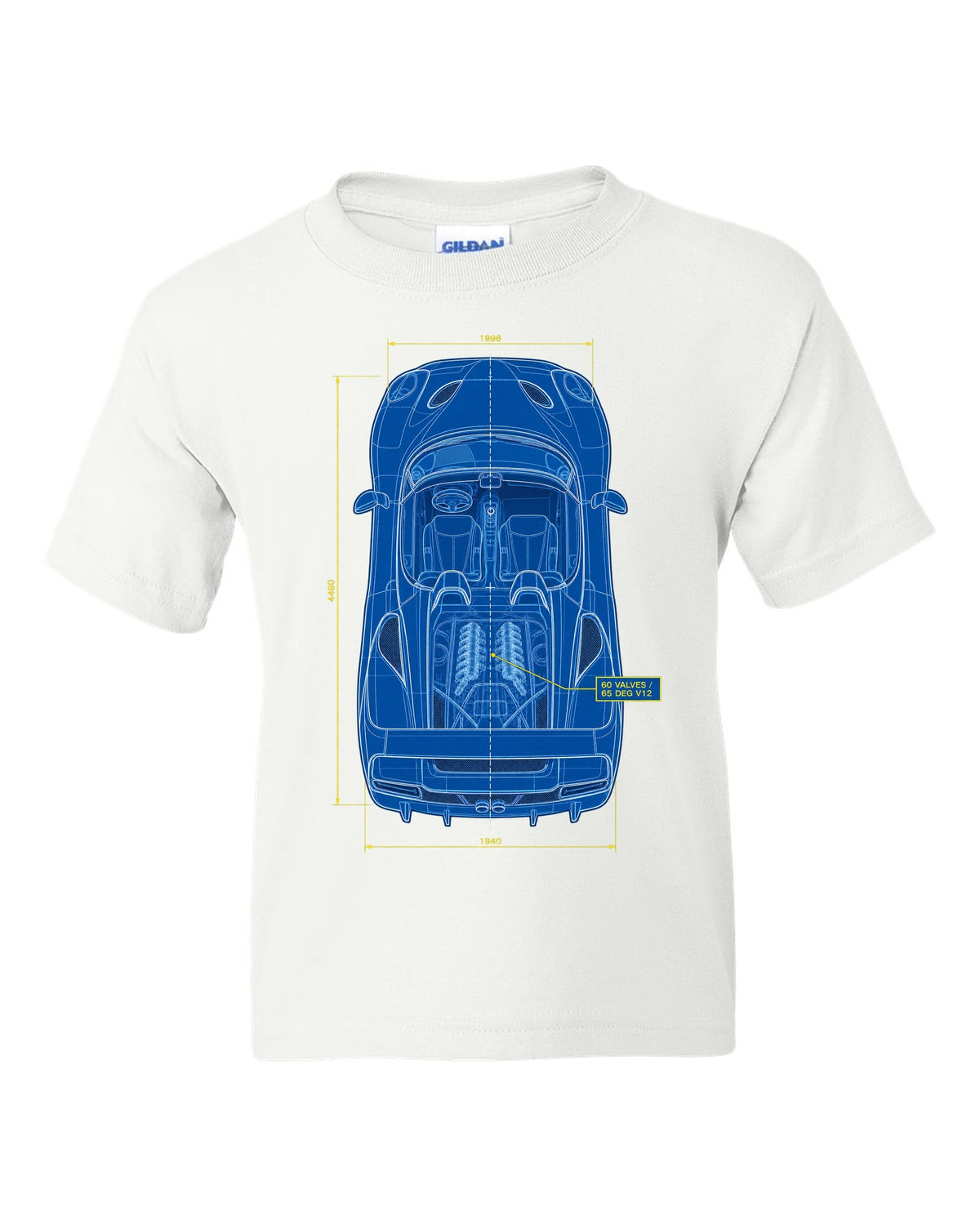 Top-down plan blueprint print of a 1995 Ferrari F50 F130 with 60 valves and 65 degree V12 text white kids tee front view with the design