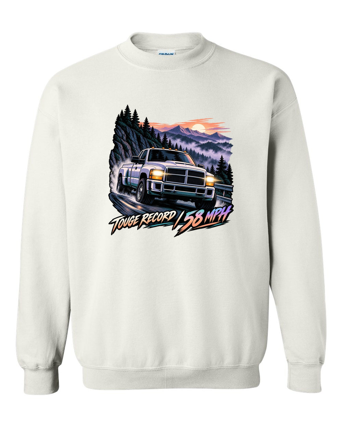 Cel-shaded anime night touge print of a 1994-1998 Dodge Ram 2500 12V Cummins white crewneck front view with the design