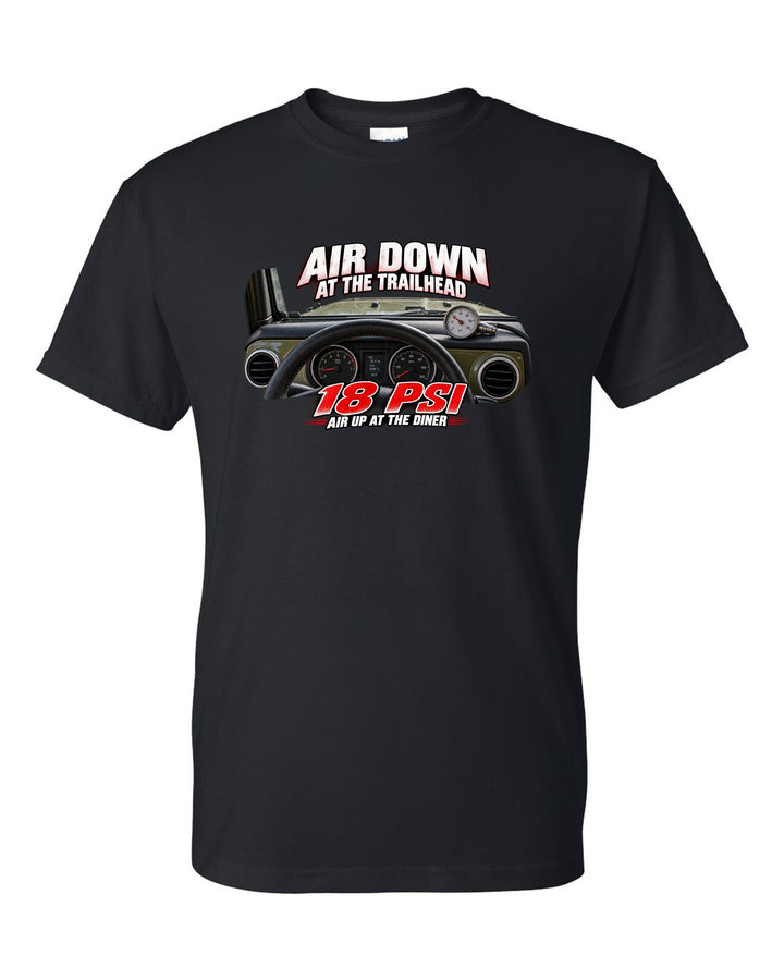 Jeep Wrangler JK tire pressure gauge print reading 18 PSI black t-shirt front view with the design