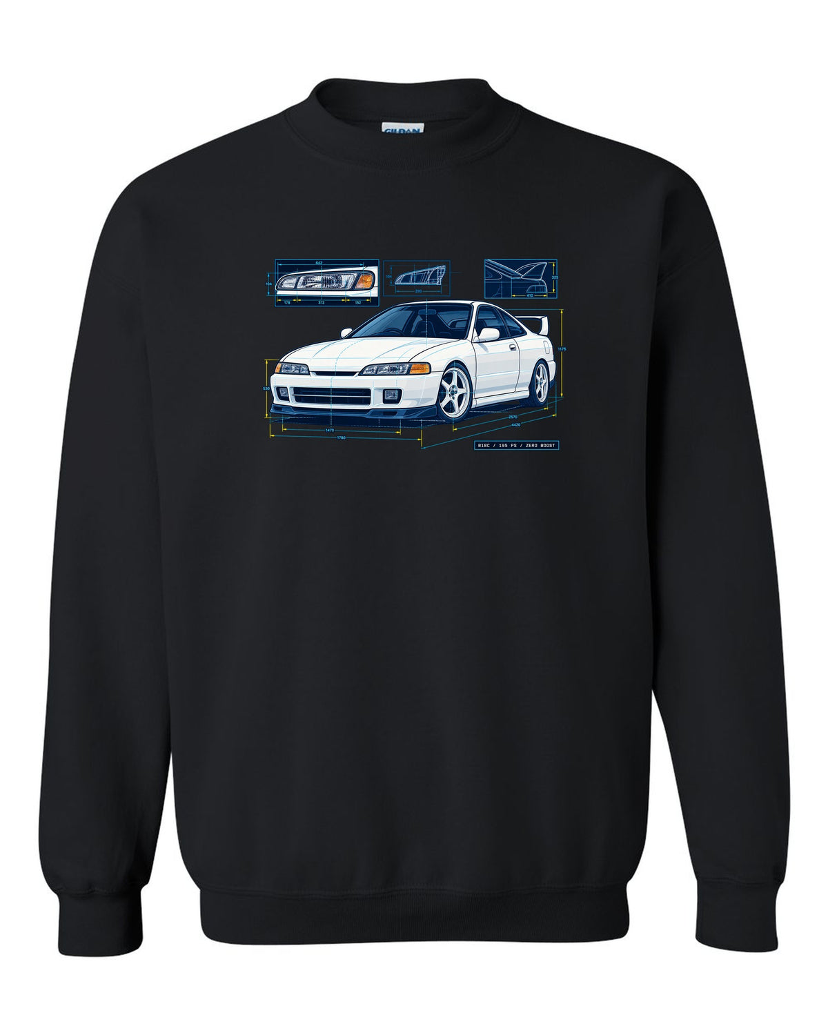 Blueprint line art of a 1995 Honda Integra DC2 headlight with B18C 195 PS Zero Boost lettering black crewneck front view with the design