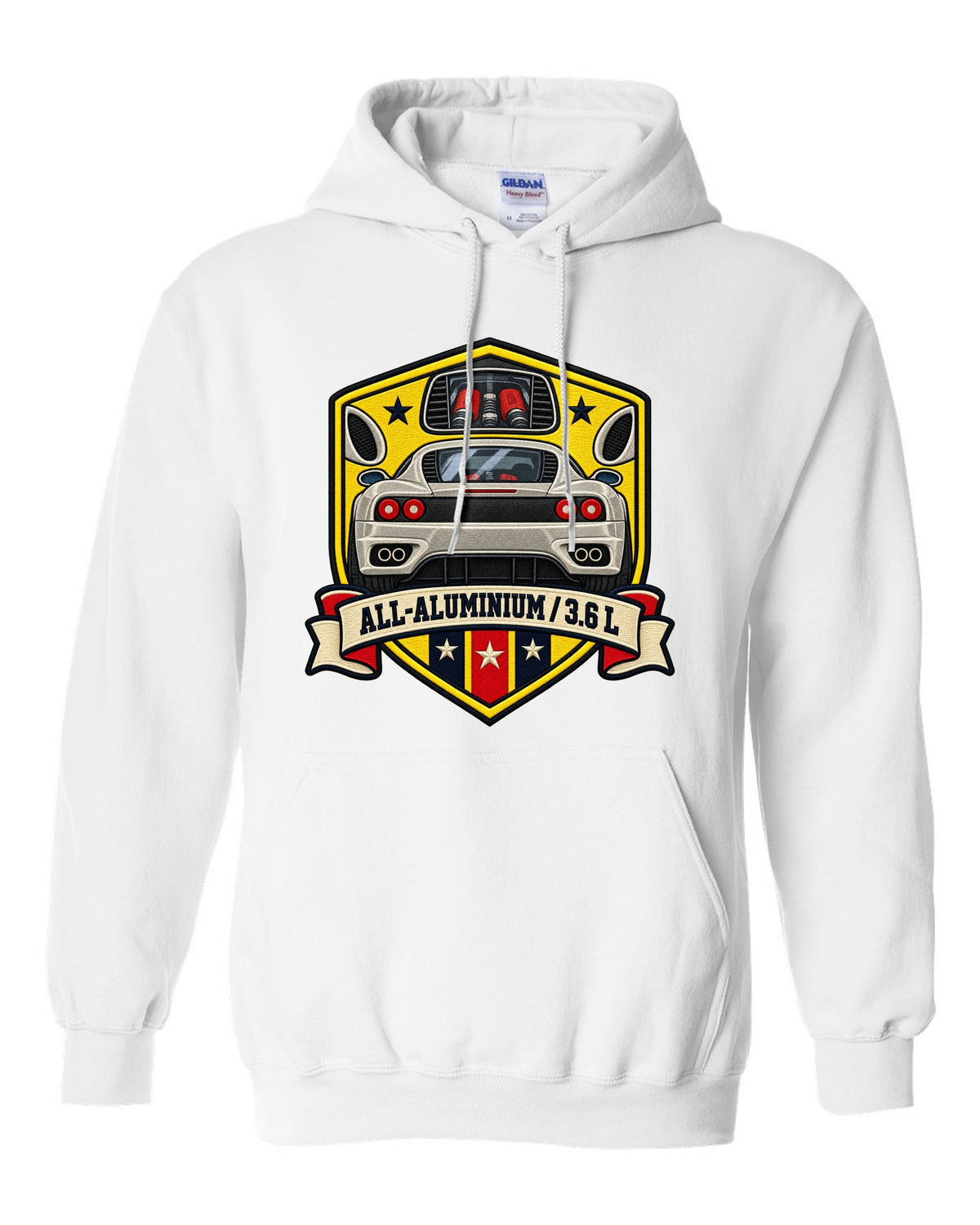 Shield crest print for the Ferrari 360 Modena with All-Aluminium and 3.6 L lettering white pull over hoodie front view with the design