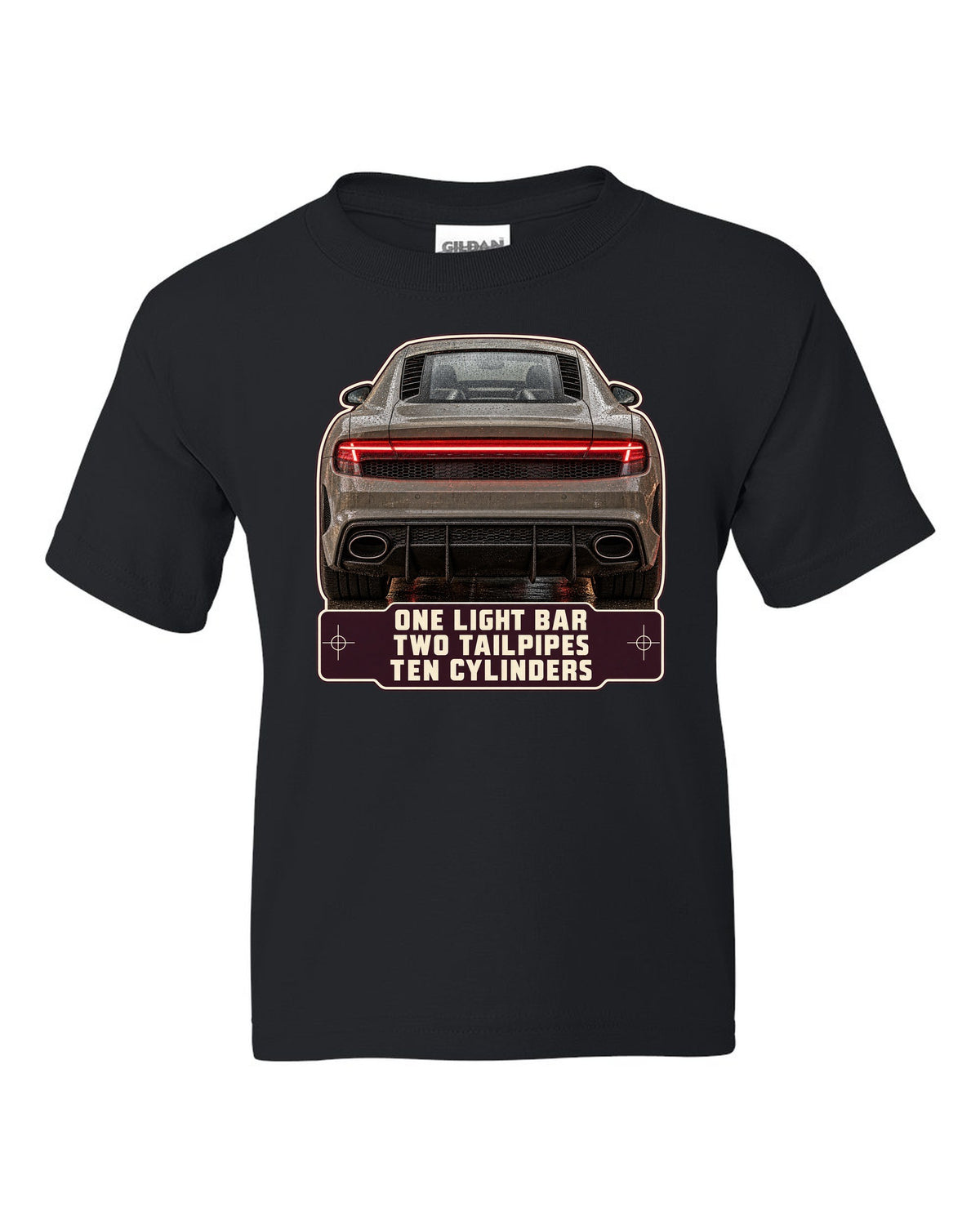 Audi R8 V10 performance rear taillight macro print design black kids tee front view with the design