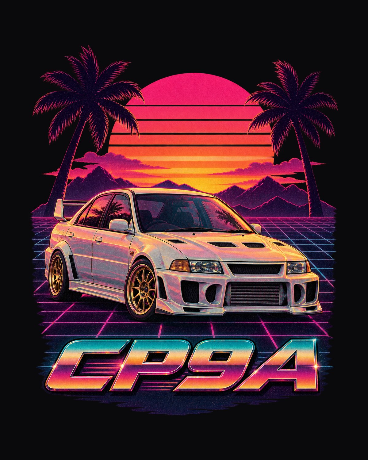 Mitsubishi Lancer Evolution V CP9A Sunset Synthwave Shirt design only