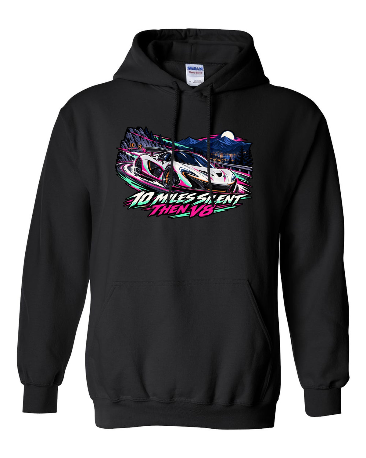 Cel-shaded anime night touge print of a McLaren P1 with 10 Miles Silent Then V8 lettering black pull over hoodie front view with the design