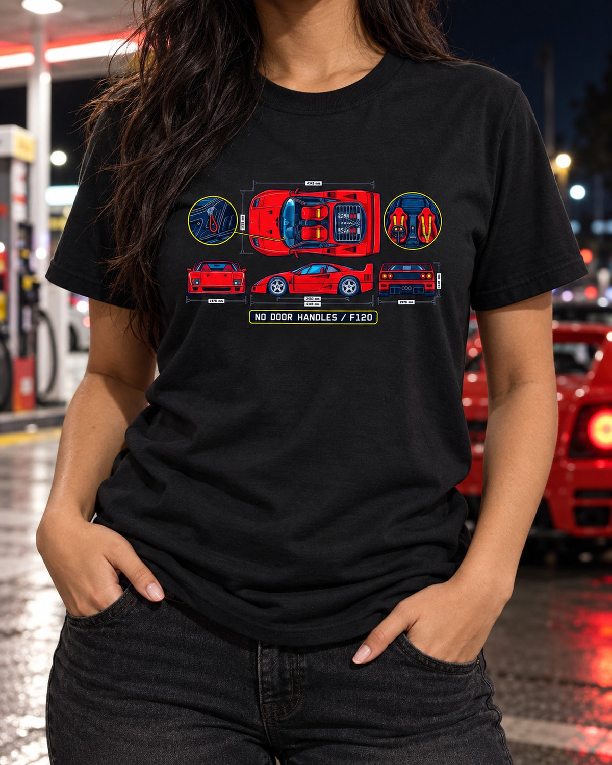 Ferrari F40 Cabin Blueprint Tee, No Door Handles Car Shirt T-Shirt Black worn hero