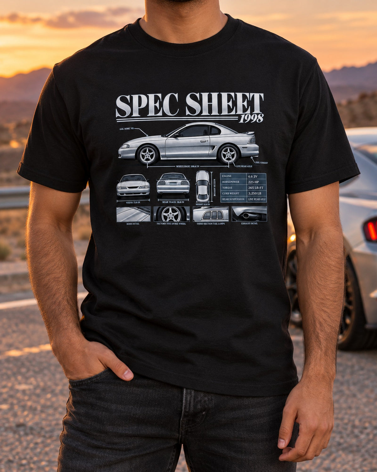 SN95 Mustang GT 1998 Spec Sheet Poster Shirt T-Shirt Black worn hero