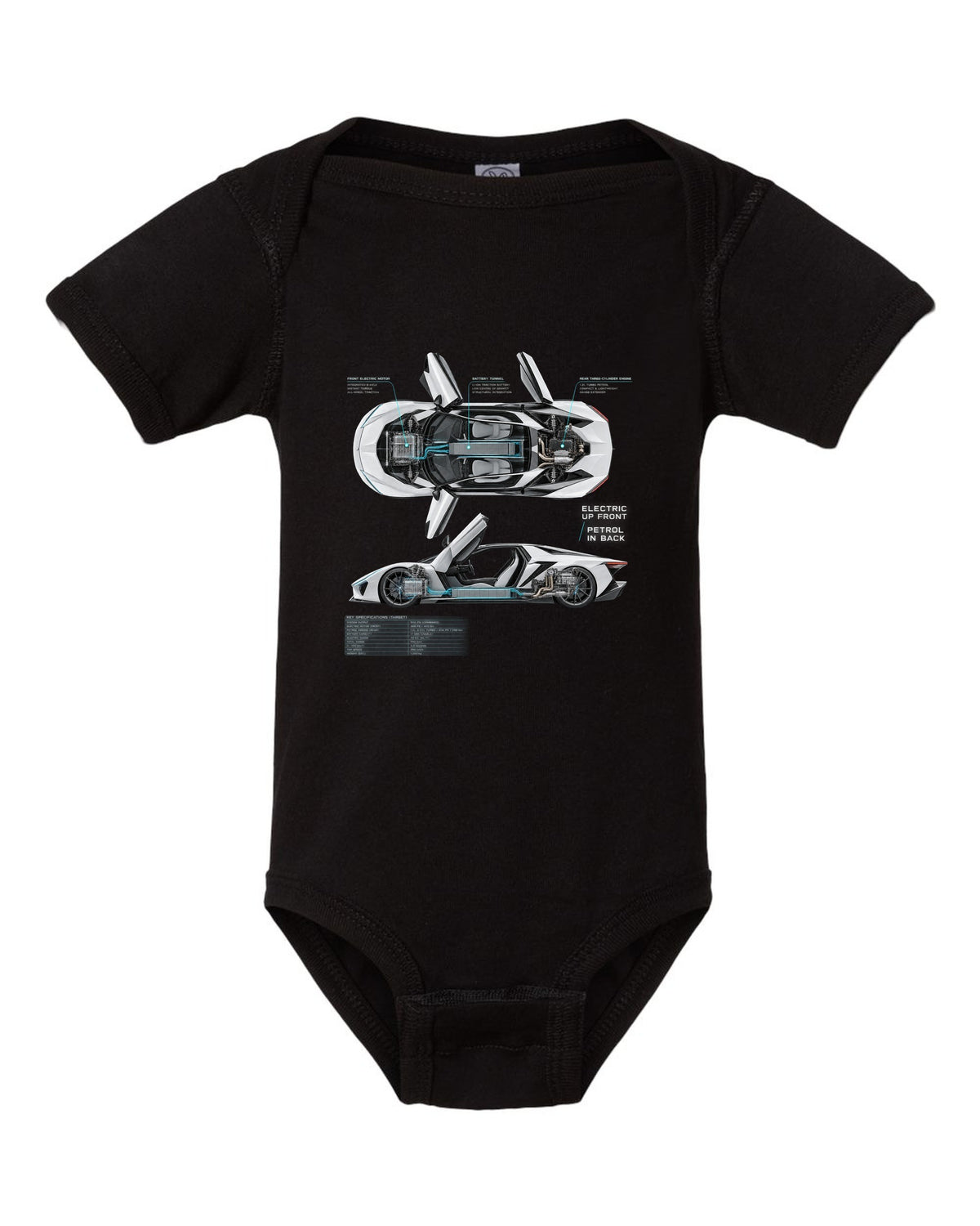 BMW i8 I12 spec poster print with electric up front petrol in back text black baby onesie front view with the design