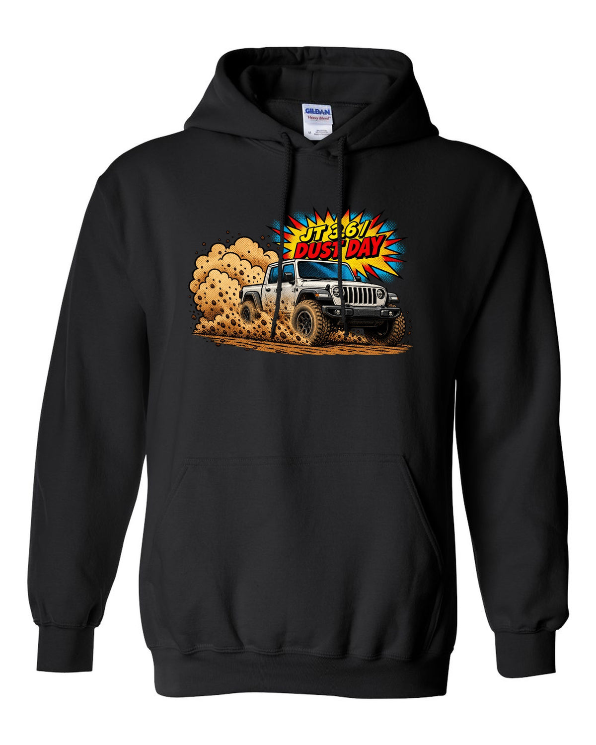 Jeep Gladiator JT mid-burnout in comic halftone pop art with JT 3.6 dust day text black pull over hoodie front view with the design
