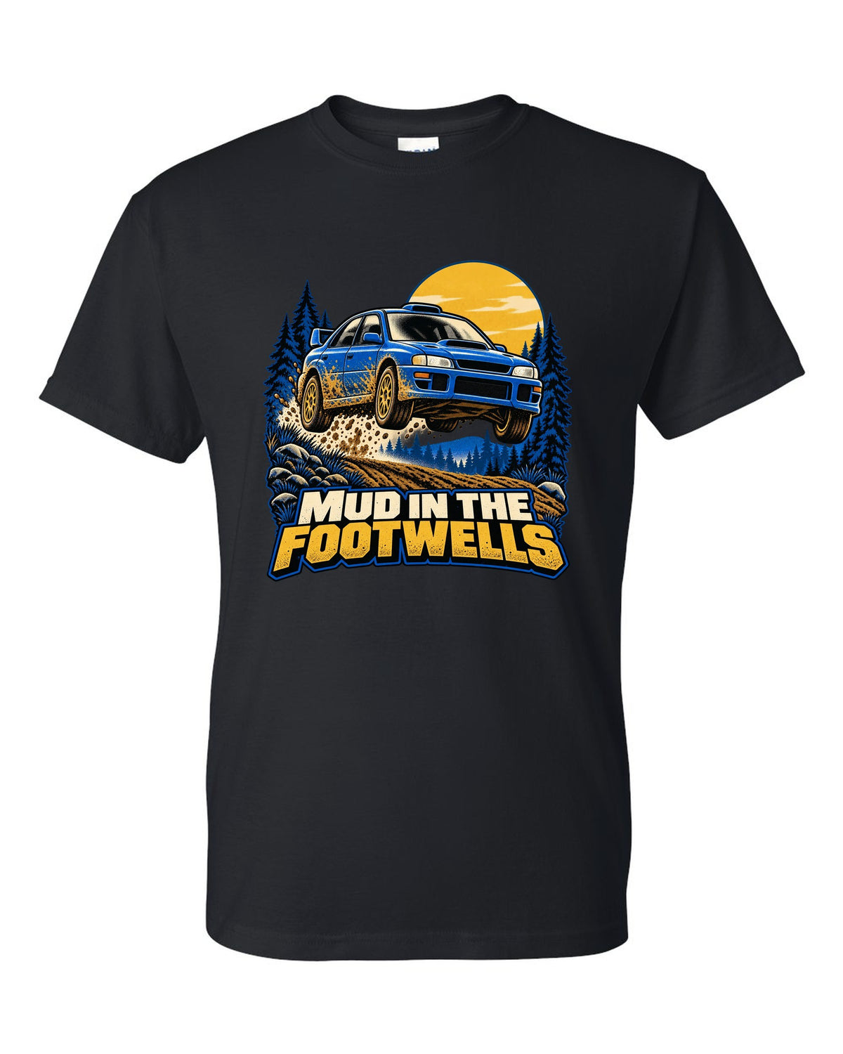 Comic halftone pop-art of a Subaru WRX STI GRB chback doing a burnout black t-shirt front view with the design