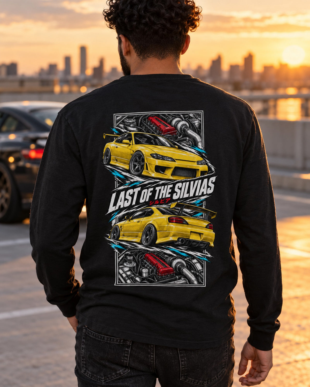 Nissan Silvia S15 Torn Poster Full-Back Graphic Tee Long Sleeve Black worn hero