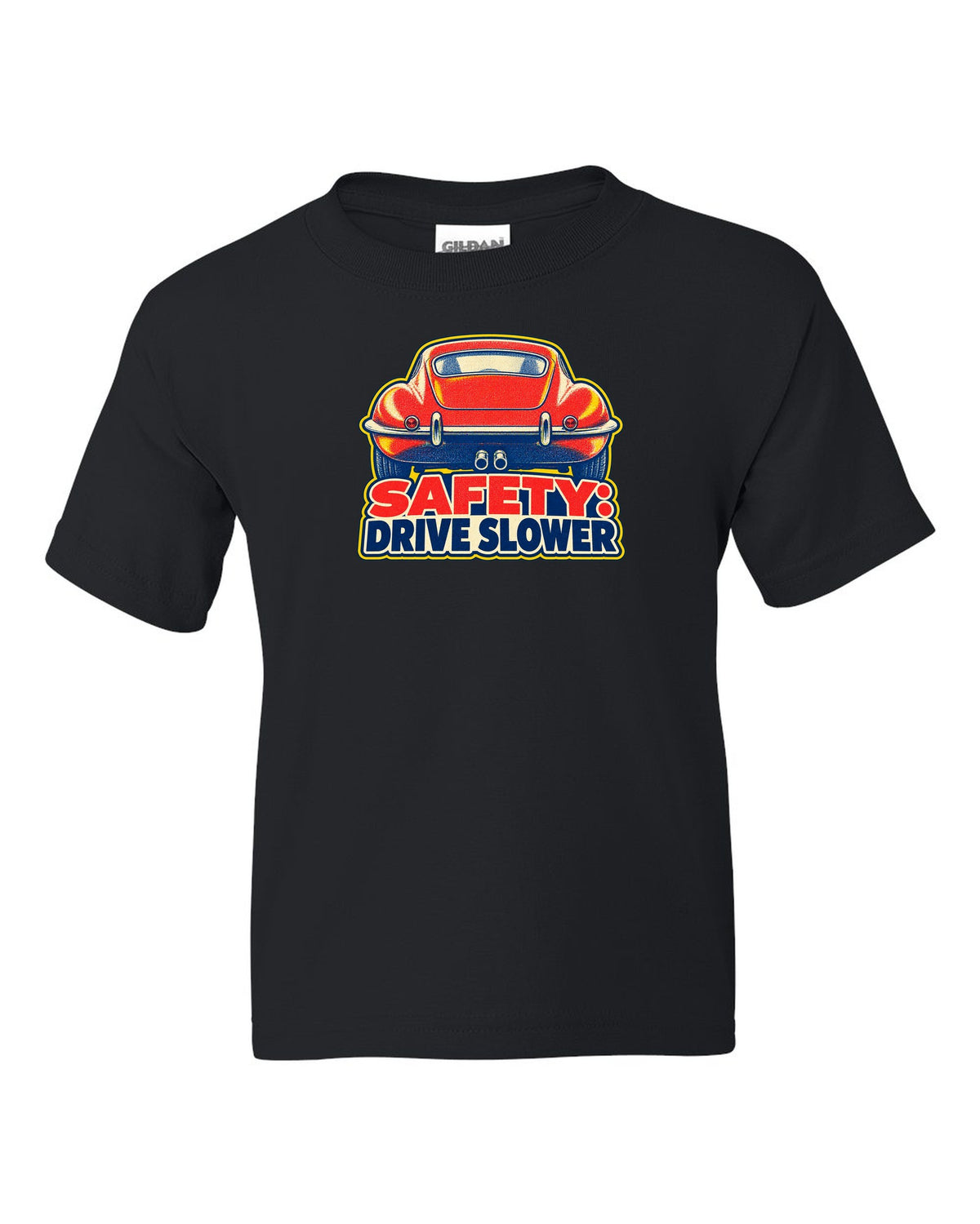 Jaguar E-Type Series 1 risograph print with SAFETY DRIVE SLOWER lettering black kids tee front view with the design