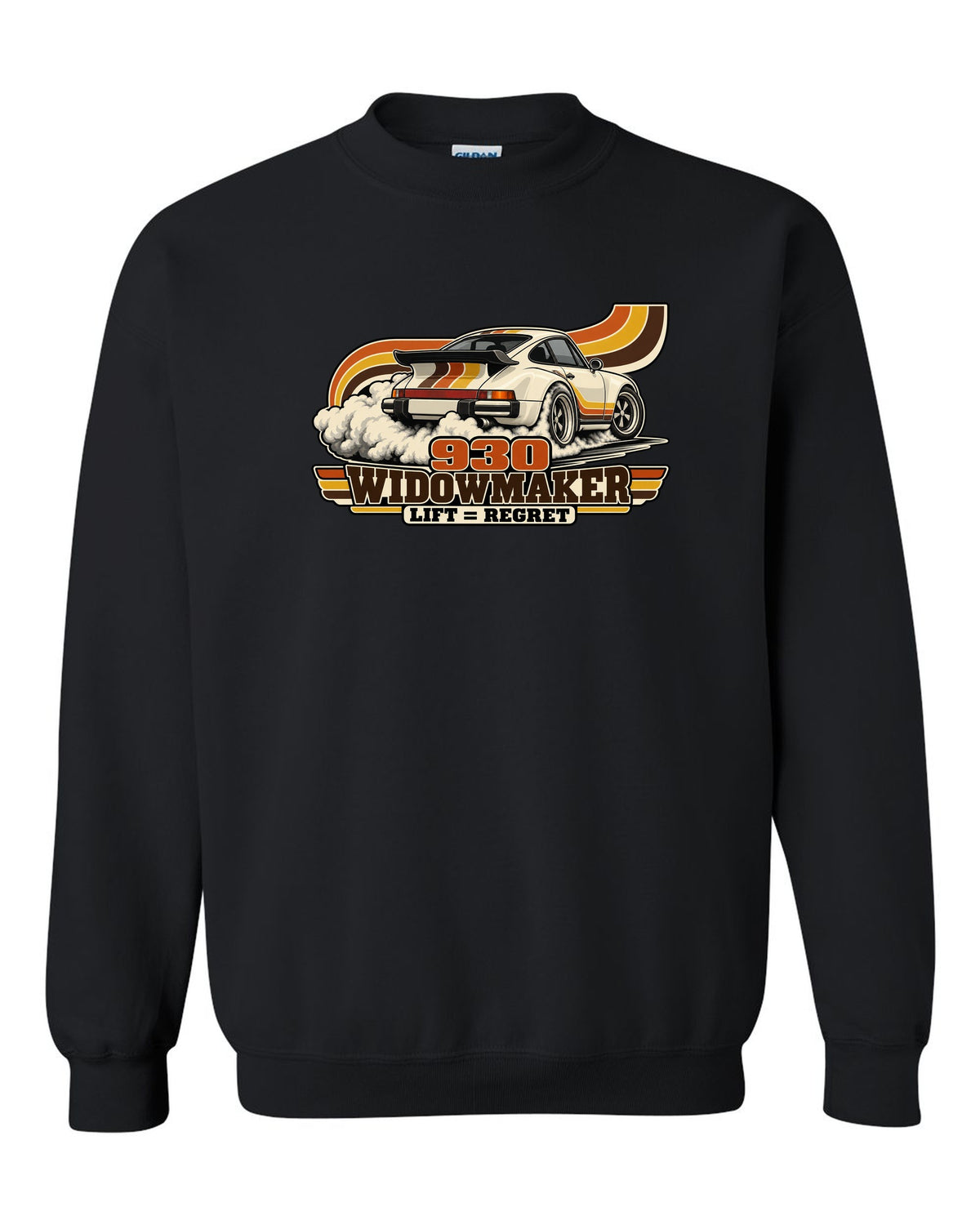 Retro 70s striped illustration of a Porsche 911 Turbo 930 with whale tail black crewneck front view with the design