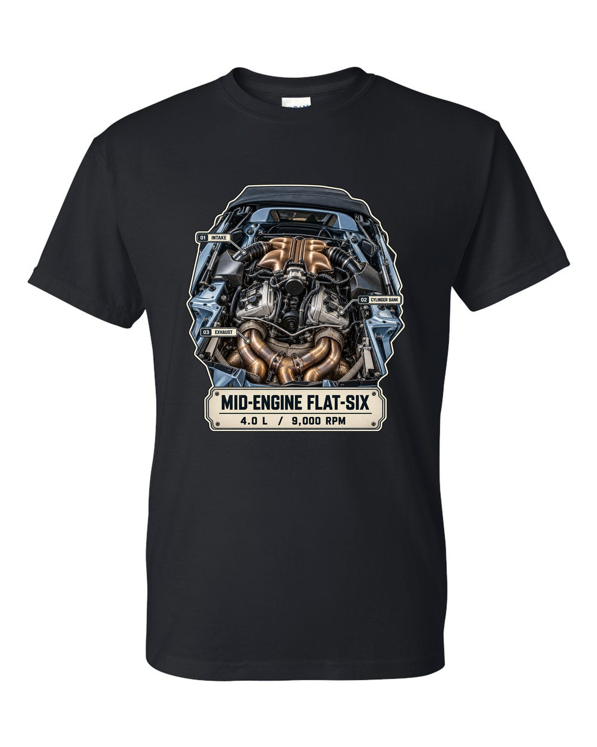 Engine hero print of a Porsche 718 Spyder RS 982 showing the mid-engine 4.0 L flat-six black t-shirt front view with the design