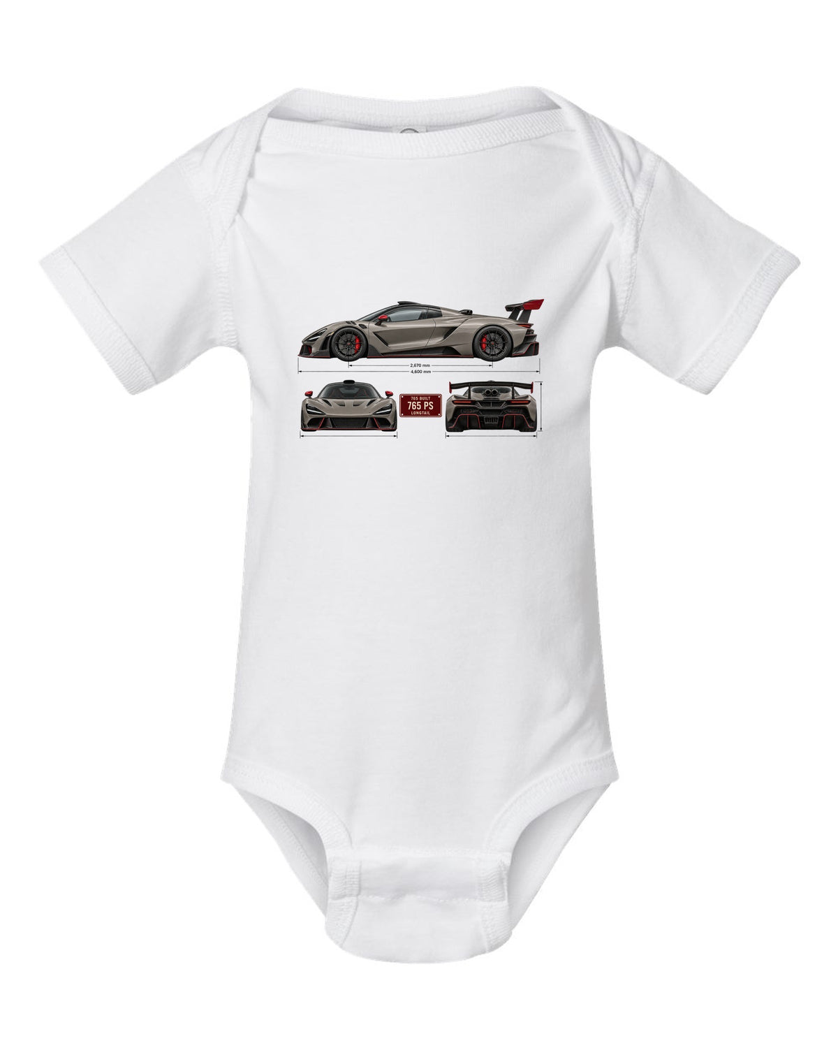 Three-view spec print of a McLaren 765LT, 765 built, 765 PS white baby onesie front view with the design