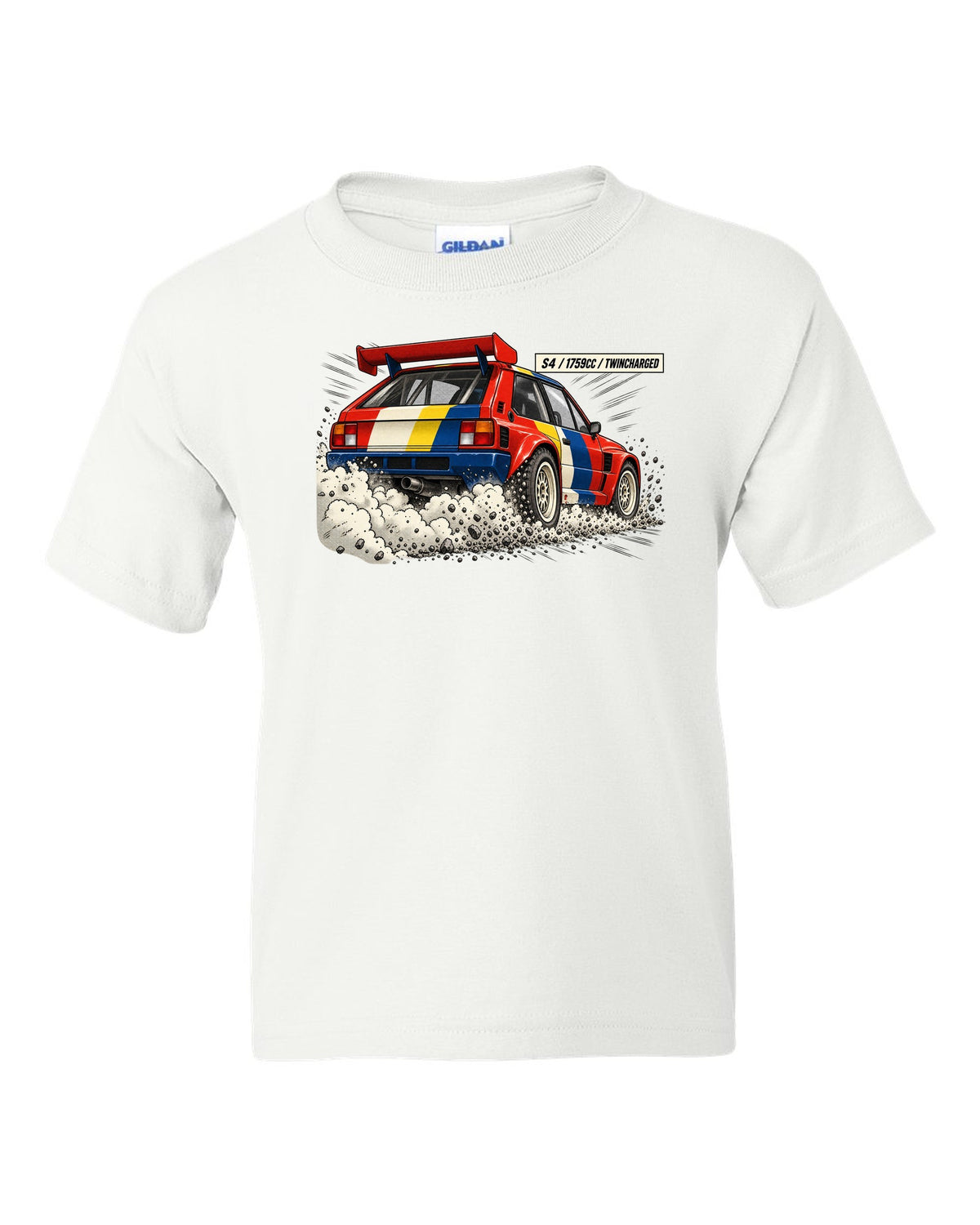 Retro manga halftone panel of the rear of a Lancia Delta S4 with twincharged lettering white kids tee front view with the design