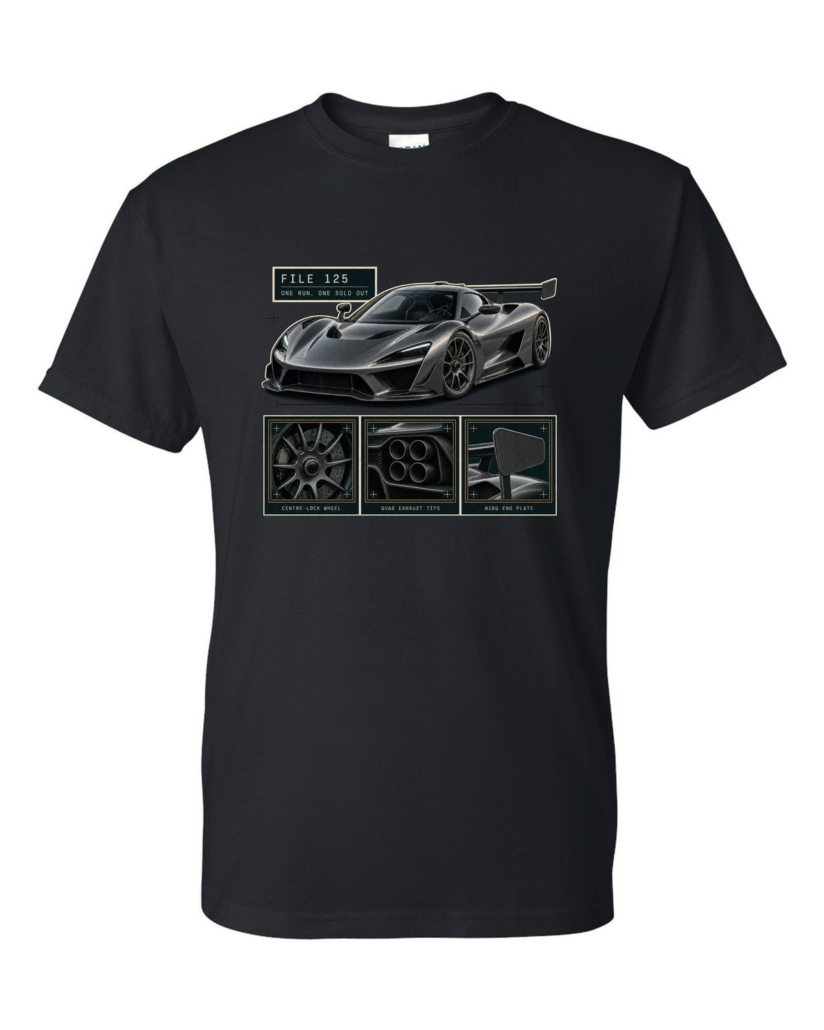 Dossier panel layout of the Koenigsegg Jesko Attack with detail panels, print black t-shirt front view with the design