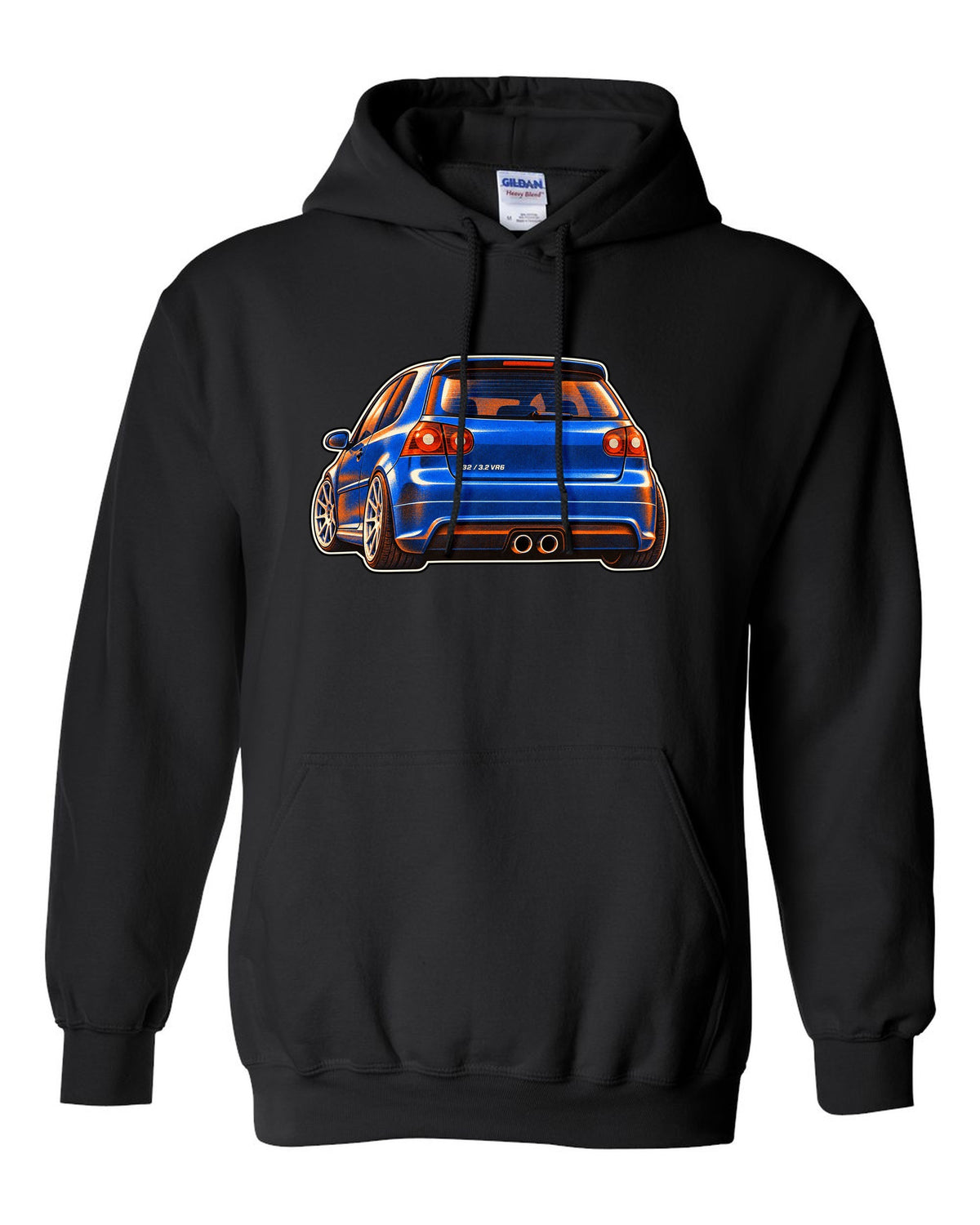Risograph style print of a VW Golf R32 Mk5 with twin exhaust pipes and 3.2 VR6 text black pull over hoodie front view with the design