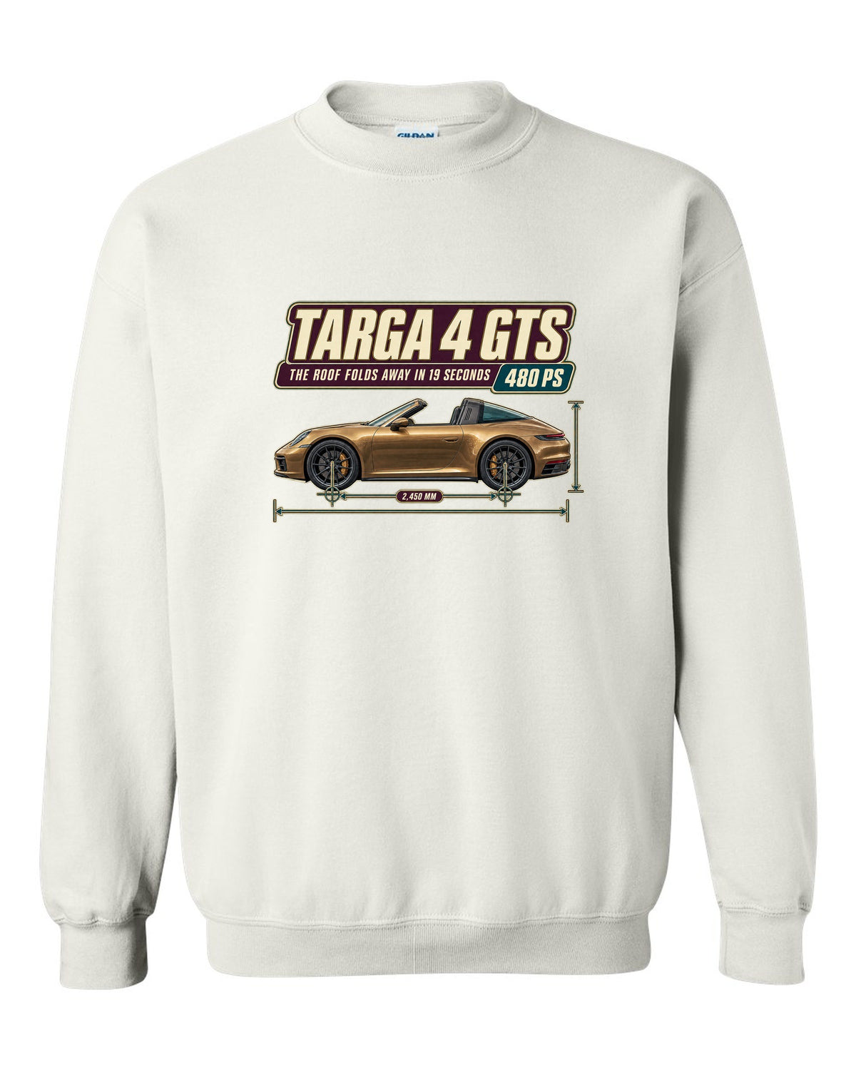Editorial headline print of a Porsche 911 Targa 4 GTS 992 white crewneck front view with the design