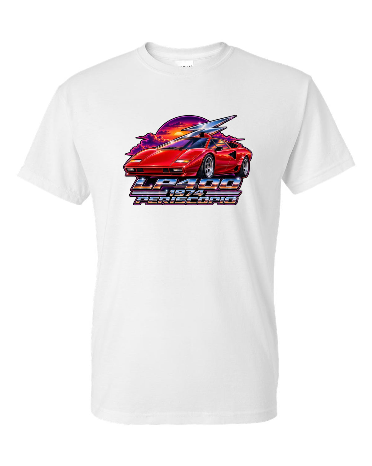 80s airbrush chrome style Lamborghini Countach LP400 with LP400 1974 Periscopio text white t-shirt front view with the design
