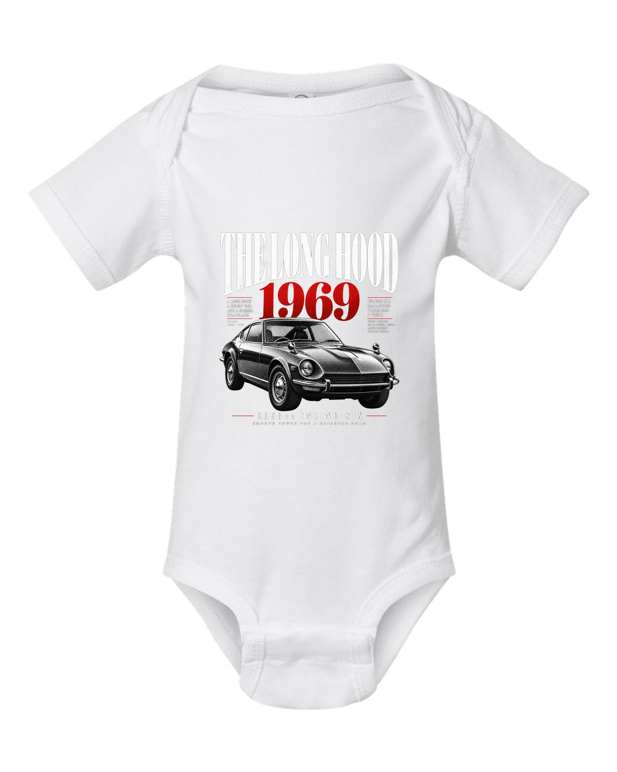 print of a Datsun 240Z HLS30 with editorial headline about the long hood and 2393cc inline-six white baby onesie front view with the design
