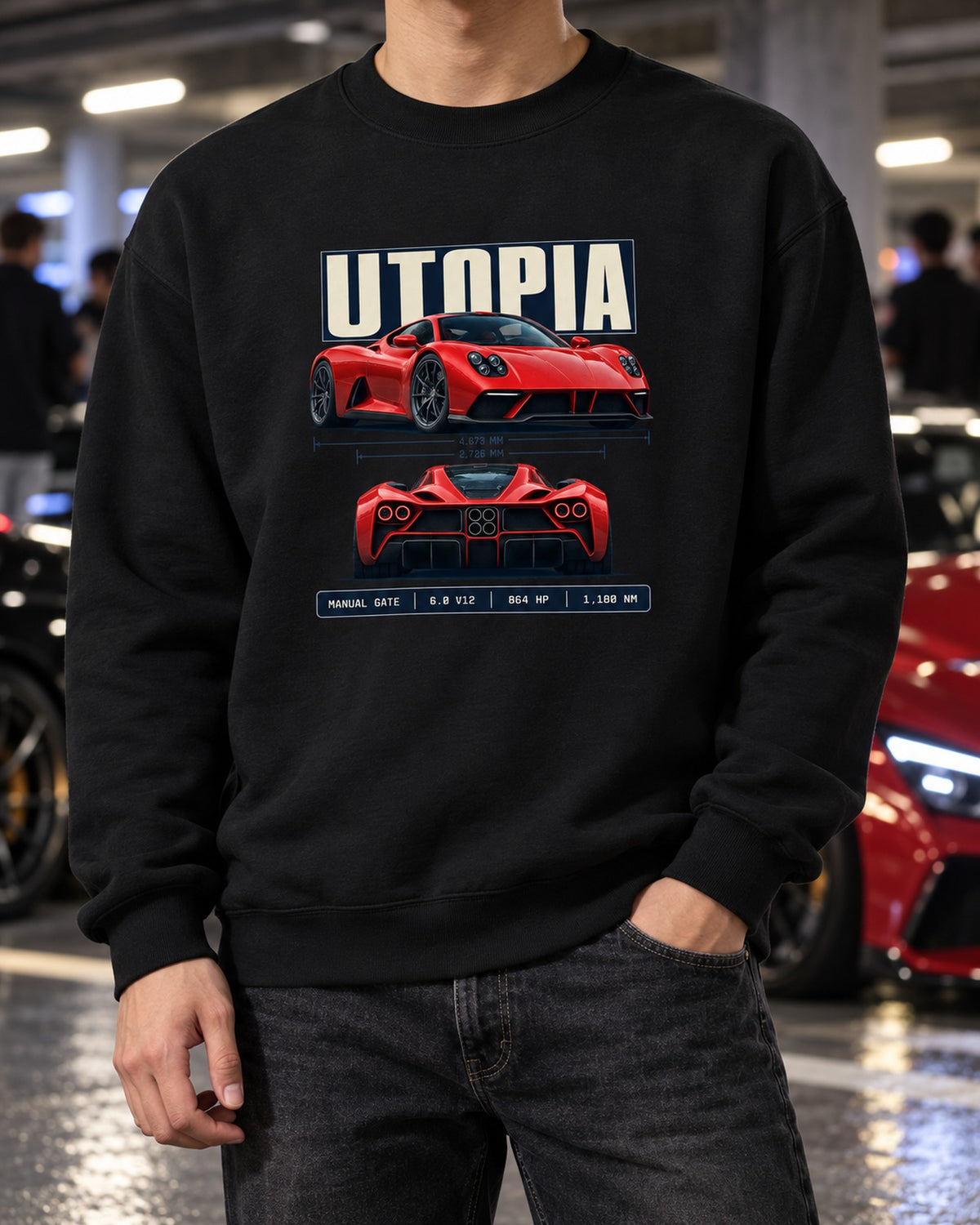 Pagani Utopia Spec Poster Shirt, Manual Gate V12 Tee Crewneck Black worn hero