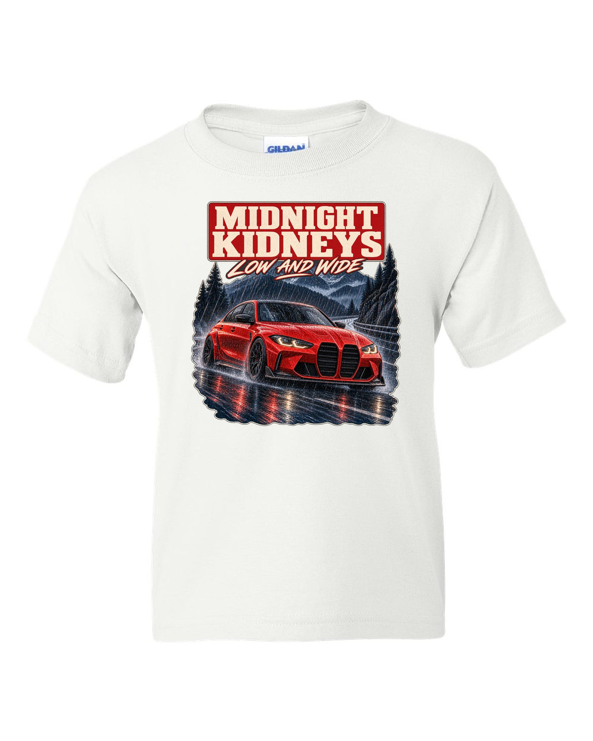 BMW M3 Competition G80 night street print with midnight kidneys text white kids tee front view with the design