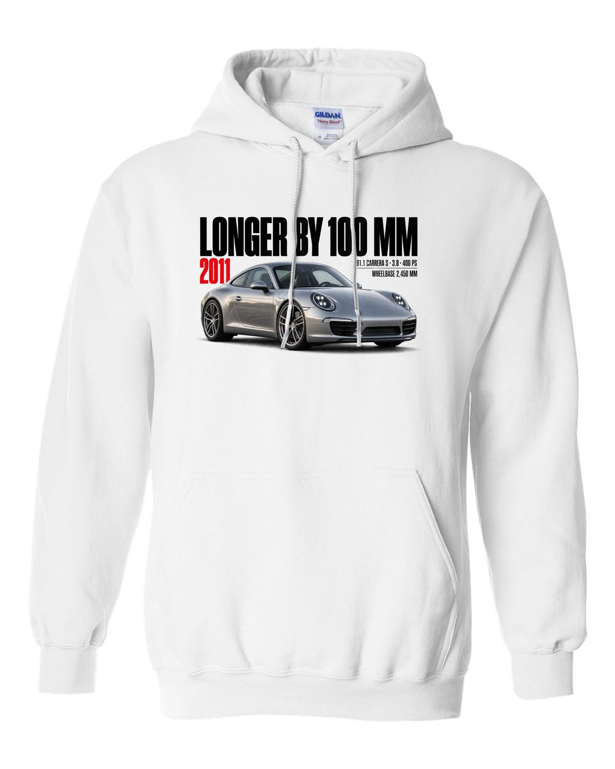 Editorial headline print of a Porsche 911 Carrera S 991.1 with longer-by-100-mm caption white pull over hoodie front view with the design