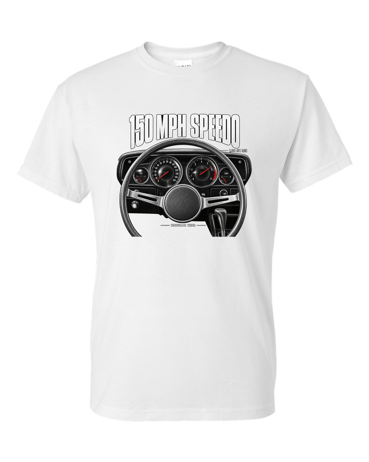 Cockpit gauge print of a 1970 Dodge Challenger R/T with speedometer, tach and woodgrain wheel white t-shirt front view with the design