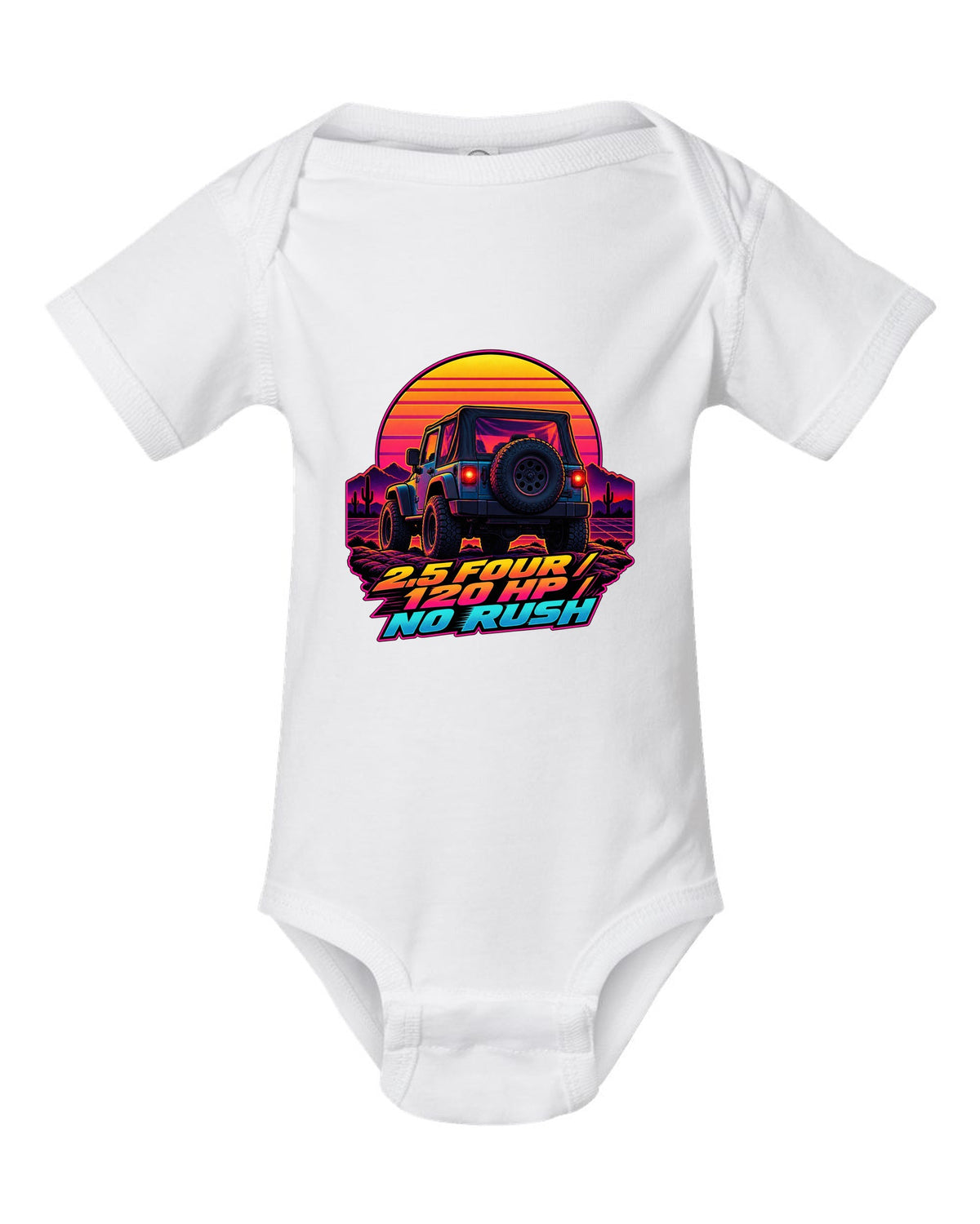 Synthwave sunset illustration of a Jeep Wrangler TJ tailgate with 2.5 FOUR 120 HP NO RUSH lettering white baby onesie front view with the design