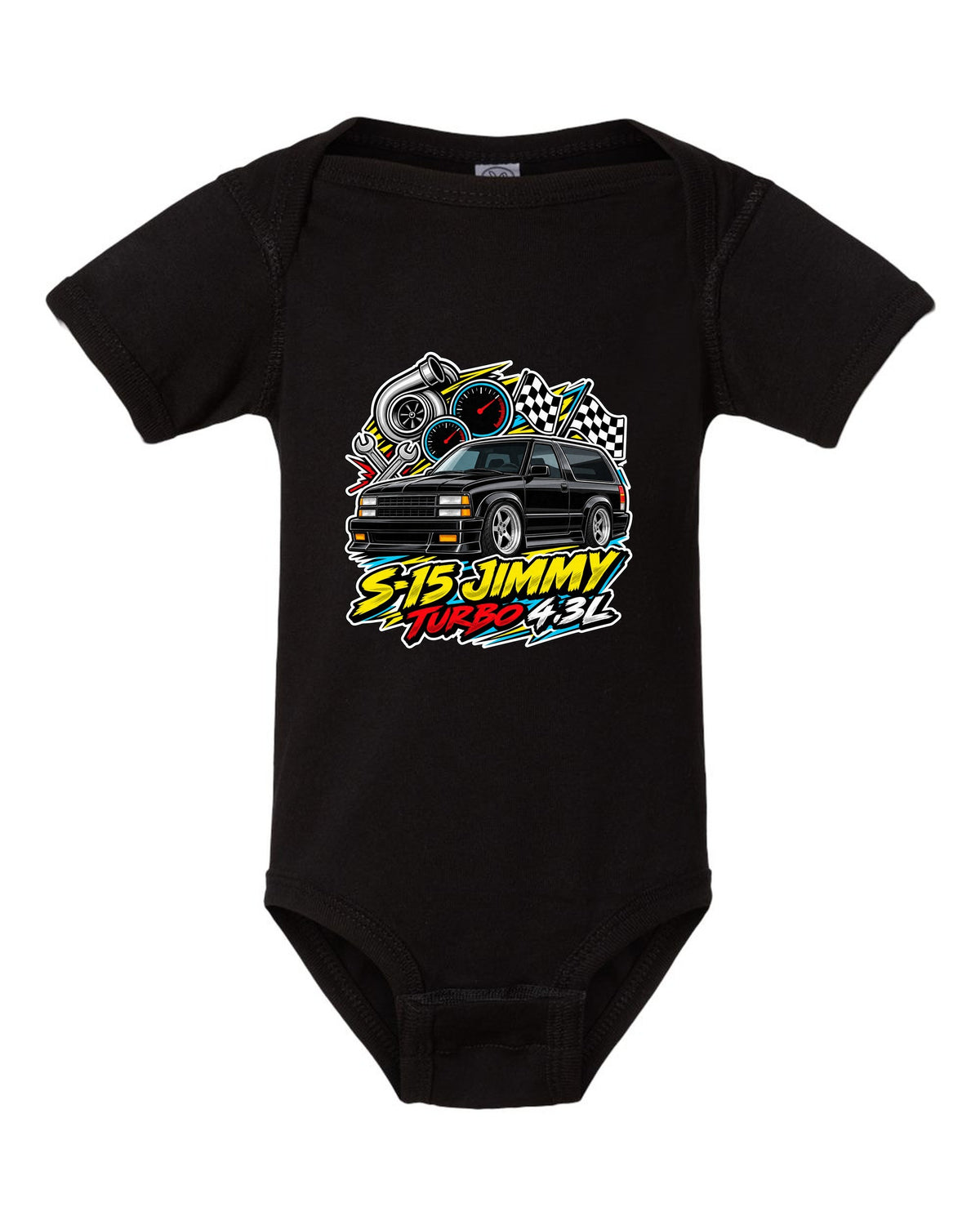 Sticker-bomb collage print of a 1992-93 GMC Typhoon with S-15 Jimmy Turbo 4.3L lettering black baby onesie front view with the design