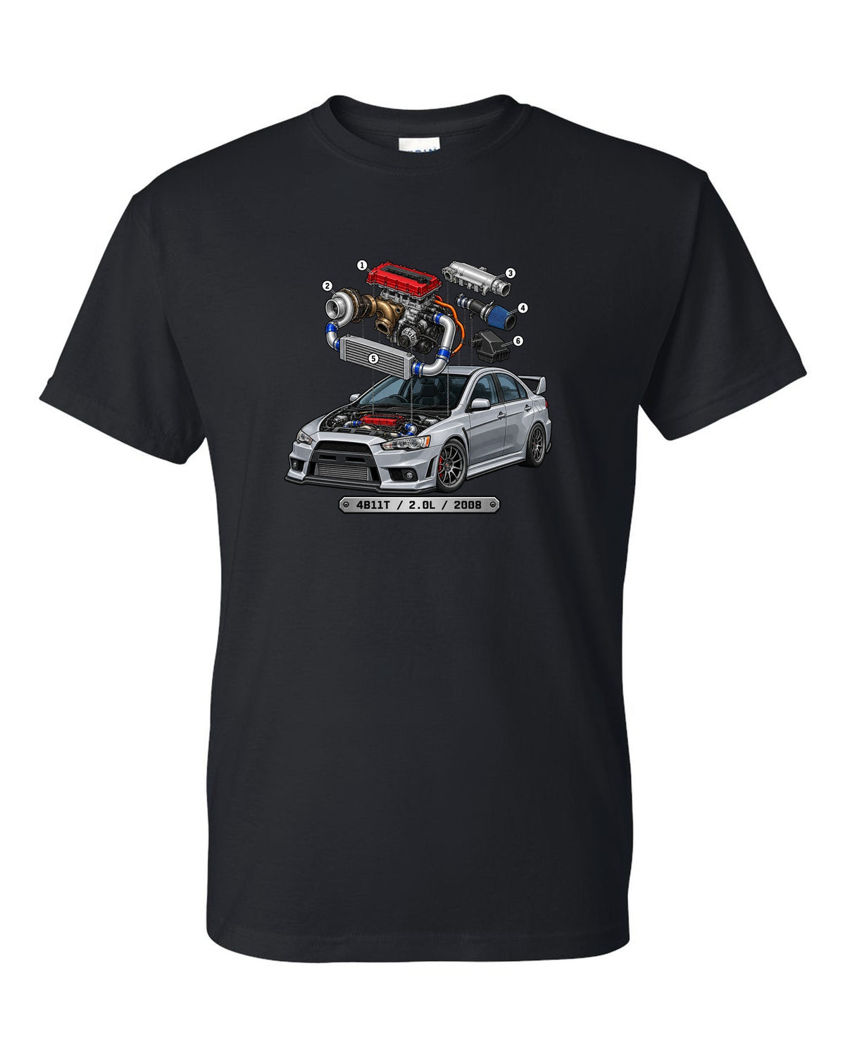Exploded engine cutaway print for the Mitsubishi Evo X CZ4A with 4B11T 2.0L 2008 text black t-shirt front view with the design