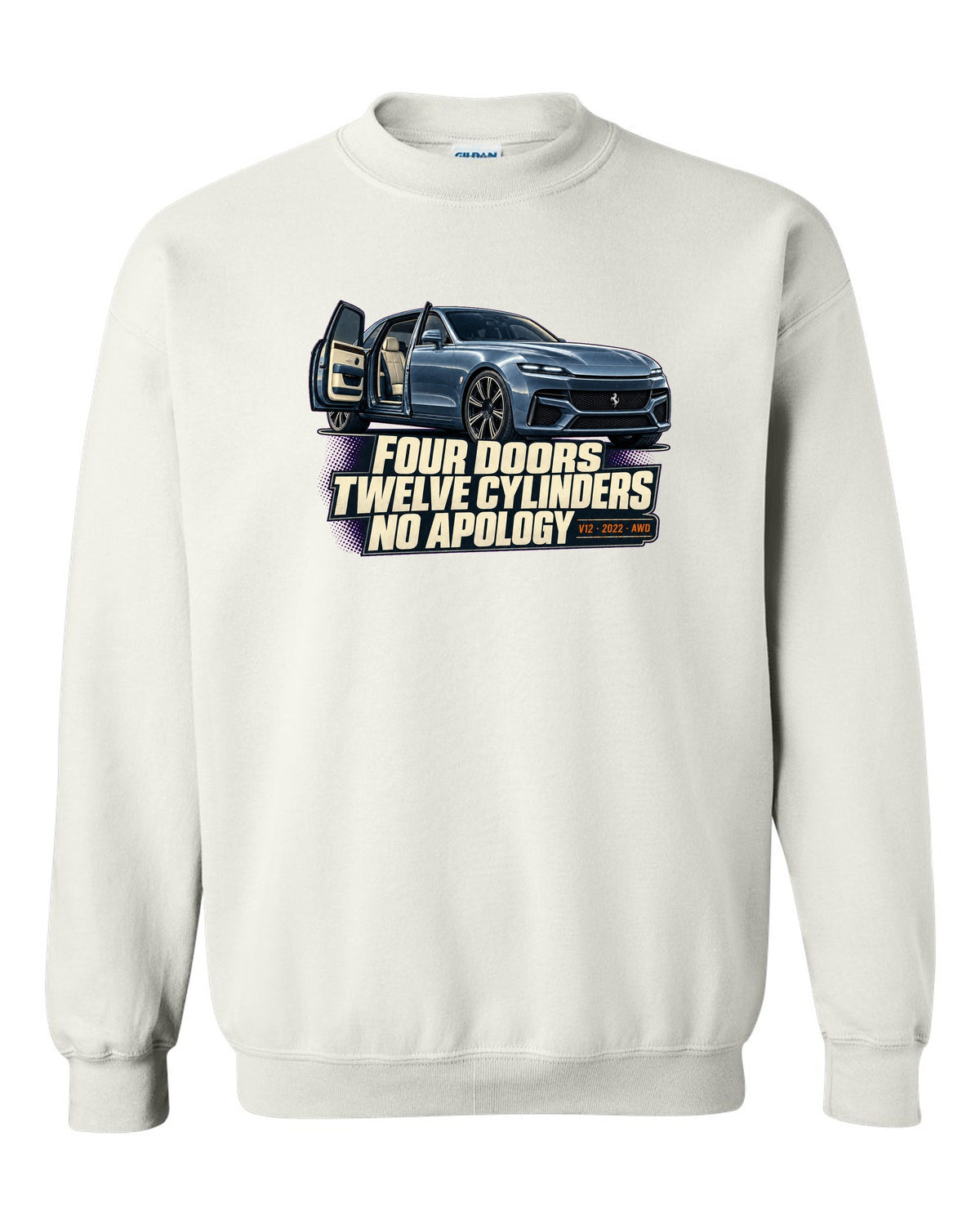 Editorial headline print of the Ferrari Purosangue on a tee white crewneck front view with the design