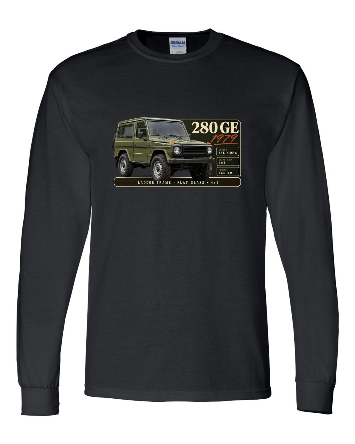 Archive panel print of a 1979 Mercedes 280 GE W460 with ladder frame, flat glass and 4x4 lettering black long sleeve front view with the design
