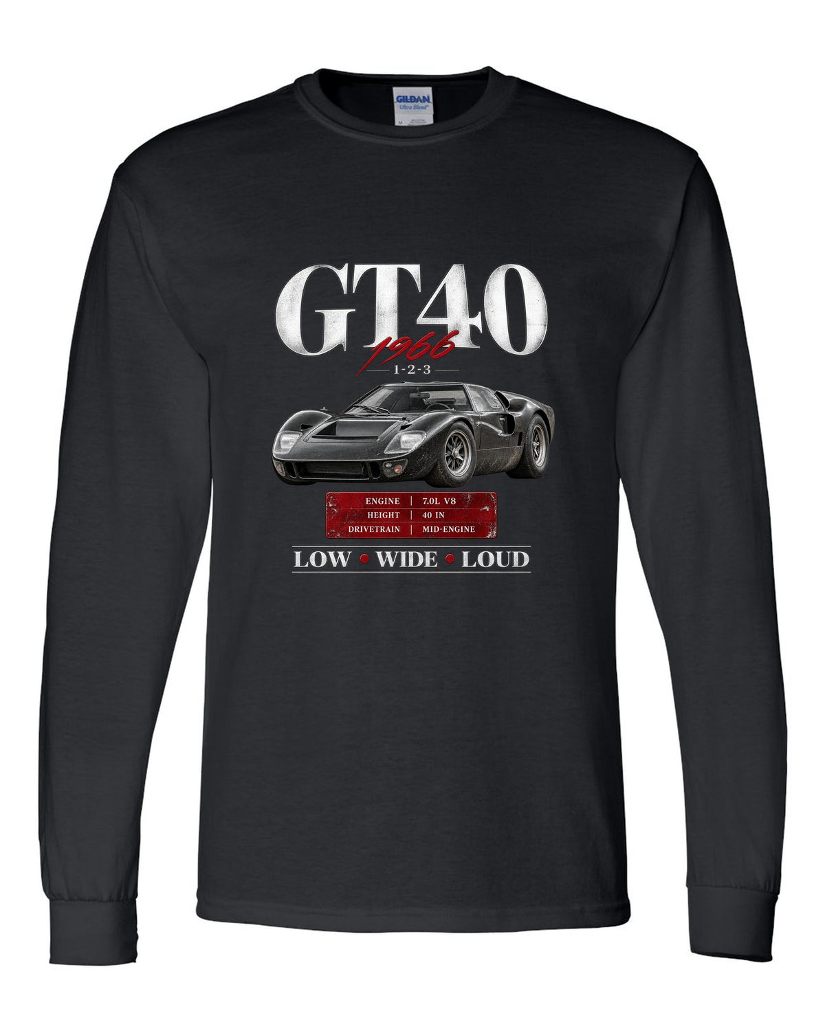 Archive panel print of a 1966 Ford GT40 Mk II with spec callouts black long sleeve front view with the design